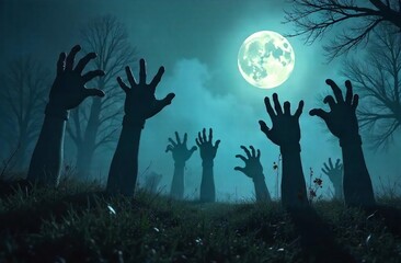 Zombie hands silhouettes on scary cemetery landscape. Autumn horror season, Halloween creepy vector background with zombie or living dead hands silhouettes sticking from underground on cemetery