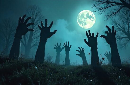Zombie hands silhouettes on scary cemetery landscape. Autumn horror season, Halloween creepy vector background with zombie or living dead hands silhouettes sticking from underground on cemetery
