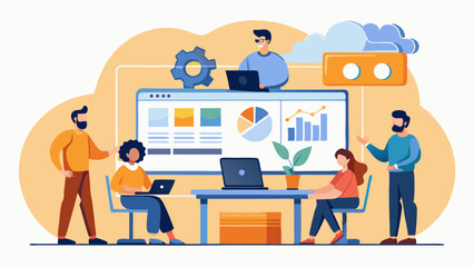Team of developers working on project management and software development with dashboards and cloud computing, flat illustration of modern office teamwork and collaboration.