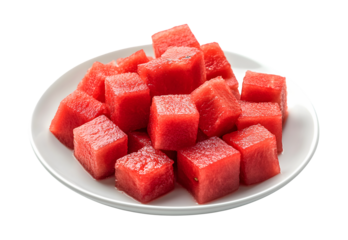 Watermelon cubes on a white plate Isolated on Transparent Background