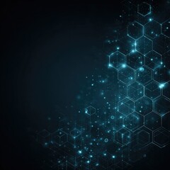 Abstract dark teal background featuring a right-side array of glowing hexagonal shapes, diminishing in size and intensity towards the left, interspersed with smaller glowing particles