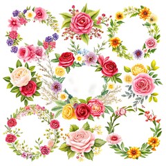 Collection of floral wreaths with roses and other flowers isolated on white background