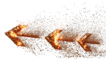 An abstract image depicting a fiery arrow-like form disintegrating into a shower of sparks against a black background. The arrow's trajectory is from left to right