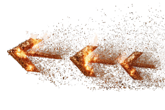An abstract image depicting a fiery arrow-like form disintegrating into a shower of sparks against a black background. The arrow's trajectory is from left to right