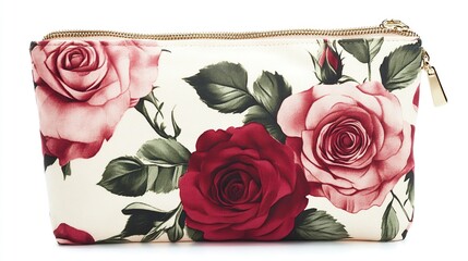 A horizontally-oriented, floral cosmetic bag.  Red, pink, and cream roses, and green leaves adorn a cream-colored canvas.  Gold-toned zipper