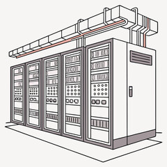 Server Racks Illustrate Data Processing in a Minimalist Style, conveying digital infrastructure, with line art and technical drawing elements.