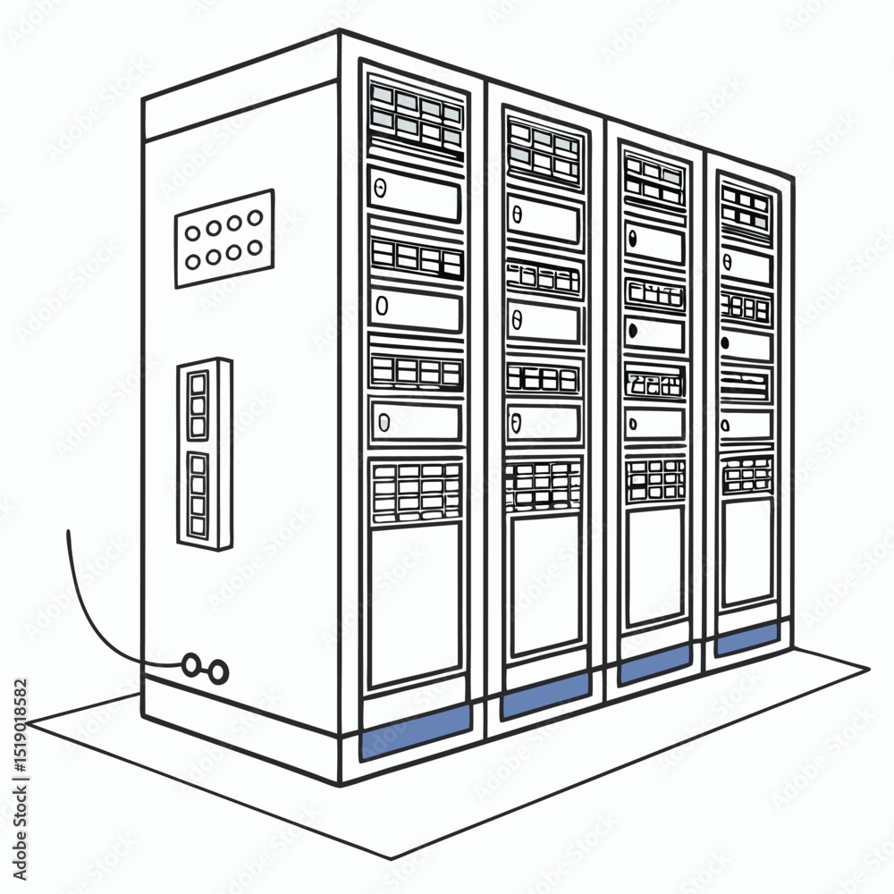 Poster Network Servers Array Stand in a Data Center Showing the Backbone Infrastructure, a conceptual illustration of IT infrastructure with clean lines