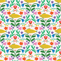 Decorative hand-drawn flowers and fish pattern. Summer sea-life themed bright background for fabric, kids product design, gift wrap, stationery. 