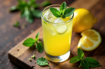 Fototapeta premium glass of lemonade with condensation and scattered mint leaves on wooden table, top view, soft shadows
