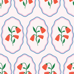 Floral pattern seamless in oval frames. Hand-drawn vector whimsical design for backgrounds, fabric, wallpaper, stationery etc. 