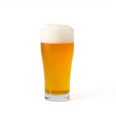 A single glass of beer with a frothy white head on a white background in a studio setting is shown here created with generated ai