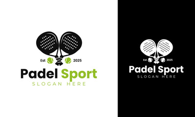 Padel sport logo design. Sport symbol with duo racket and ball tennis competition. Paddle tennis vector illustration