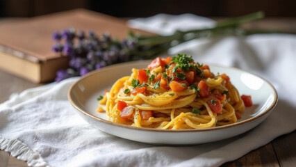 stylized illustration of kitchen ingredients around a blank recipe page, editorial food layout, bright color palette