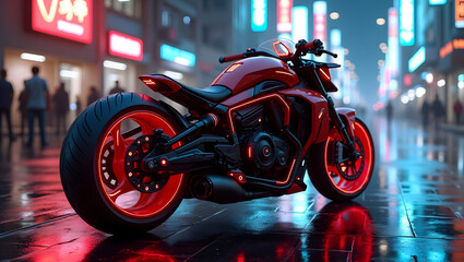 Hyper-Realistic Sci-Fi Motorcycle with Red Glow and Mechanical Details in Rainy City

