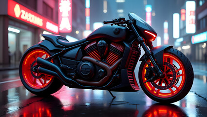 Futuristic Cyberpunk Motorcycle with Glossy Red Armor and Glowing Red Accents on Neon-Lit Wet Street