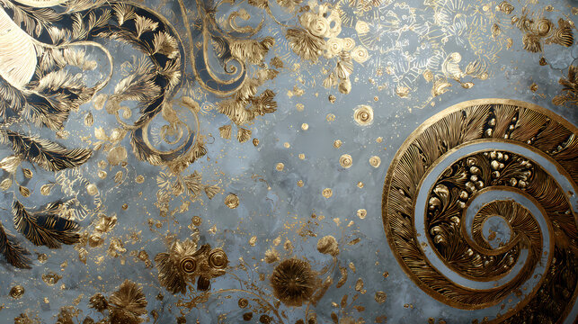 fine art series promo | mythic rebirth | melancholic beauty | gold and ivory | flattened dimension | gold spirals | decorative robe pattern | gold leaf application | romantic decay | vienna secession