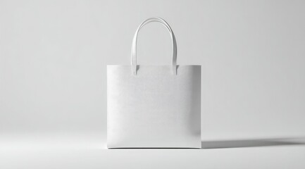 A plain white tote bag with two handles stands on a light gray background, casting a subtle shadow