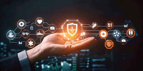 Cloud Computing Solutions Secure Digital Data Management	, a bussiness man hand reaching holographic items , shield on hand, bussines icons 