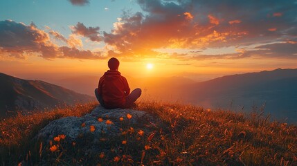 Peaceful Man Meditating Silhouette on Mountain Top at Dramatic Sunrise