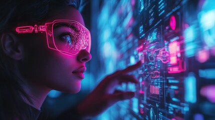 Futuristic Woman Interacting with Advanced Glowing Technology Interface with Neon Glasses