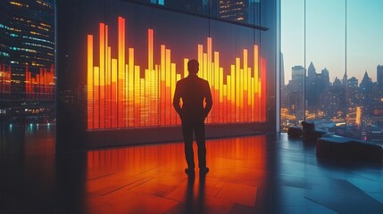 Business Man Silhouette Analyzes Bar Chart on Screen with City View