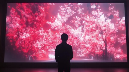 Abstract Man Silhouette Contemplating Digital Blooming Pink Trees Installation Art
