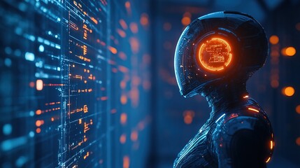 Futuristic Artificial Intelligence Robot with Digital Data Display and Glowing Elements