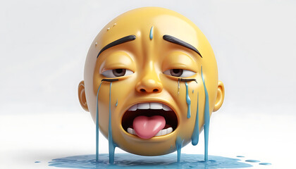 Realistic 3D Crying Emoji Face with Tears and Sweat, Distressed Yellow Emoticon with Tongue Out on White Background, Overwhelmed Digital Icon for Sadness and Exhaustion