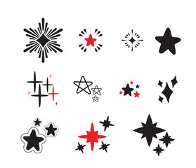 Vector Starburst and Sparkle Icons Set – Hand Drawn Stars in Black and Red