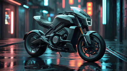 Futuristic Matte Grey Bike with Cool Blue Accents in Sci-Fi Urban Alley
