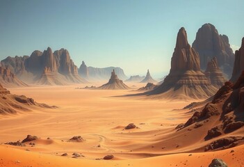 Panoramic view of a deserted alien landscape featuring towering green mountains and sandy plains under a clear sky,   fantasy,   geology