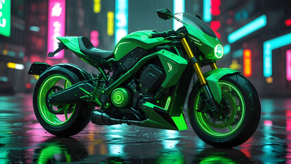 Cinematic Cyberpunk Bike with Green Lights in Futuristic City Scene