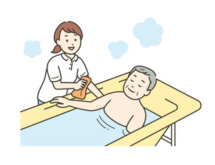 入浴介助をする介護士と湯船に浸かる高齢男性のイラスト