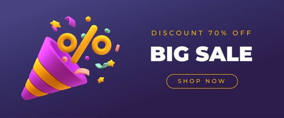 Discount voucher with cartoon 3d popper. Flying confetti, stars and percent sign, party elements, sale advertising, marketing promotion, web banner with copy space, classy vector concept