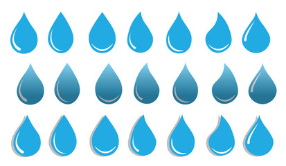 Set of Blue Water Drop Icons – Flat, Gradient, and Shadow Variants
