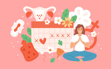 Critical days schedule. Menstrual calendar, female cycle control, ovulation and pregnancy tracking, pms syndrome, woman meditation, panties, pads and tampons garish vector concept