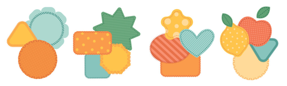 Cloth patches compositions. Patchwork color collages, various shapes textile pieces, decorative stitched fabric labels, creative decorative textile sewing badges, garish vector isolated set