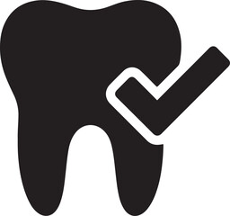 Tooth with check mark icon silhouette vector. Ideal for approved dental care, hygiene success, and health validation.