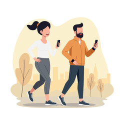 A man and woman are doing sport at the city park