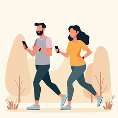 A male and female are doing work out with use smartphone and smartwatch at city park space