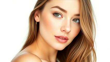 Fototapeta premium A captivating close-up highlights the beauty of a smiling blond woman, her eyes and lips adorned with exquisite makeup, showcasing glamorous fashion and a perfect hairstyle