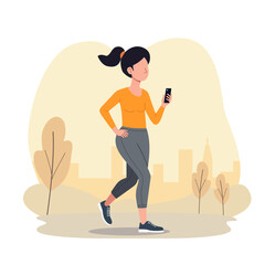 A woman is doing sport with phone on her hand at the city park