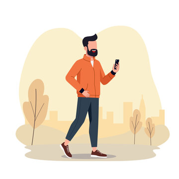 A man is doing sport with smart phone at the city park