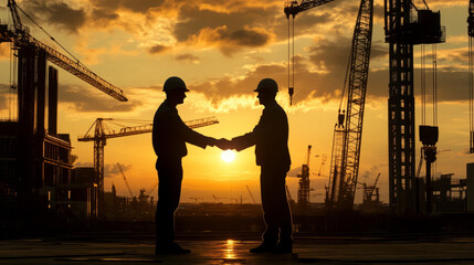 Business agreement between construction contractors at sunset urban construction site silhouette view professional collaboration