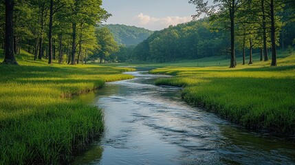 Serene stream meanders through verdant valley