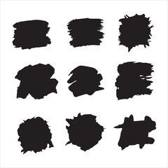 a collection of nine unique black ink paint splatter shapes on a white background.