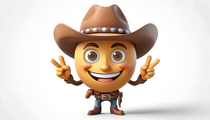 Joyful 3D Cowboy Emoji Character with Peace Signs and Western Attire, Happy Yellow Emoticon with Brown Hat and Holster, Playful Digital Icon for Fun and Adventure