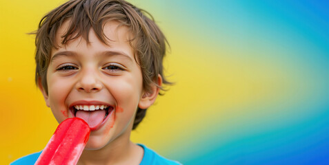 Happy boy with curly hair eating red popsicle on colorful gradient studio. Summer treats and childhood joy concept for frozen dessert promotions and family activities