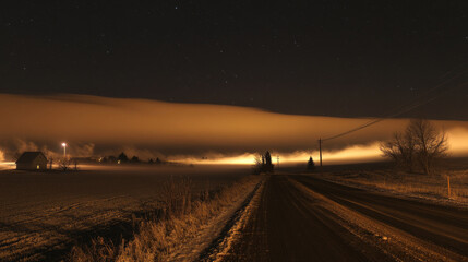 Mysterious fog rolling over fields at night rural landscape photography serene environment wide viewpoint atmospheric concept