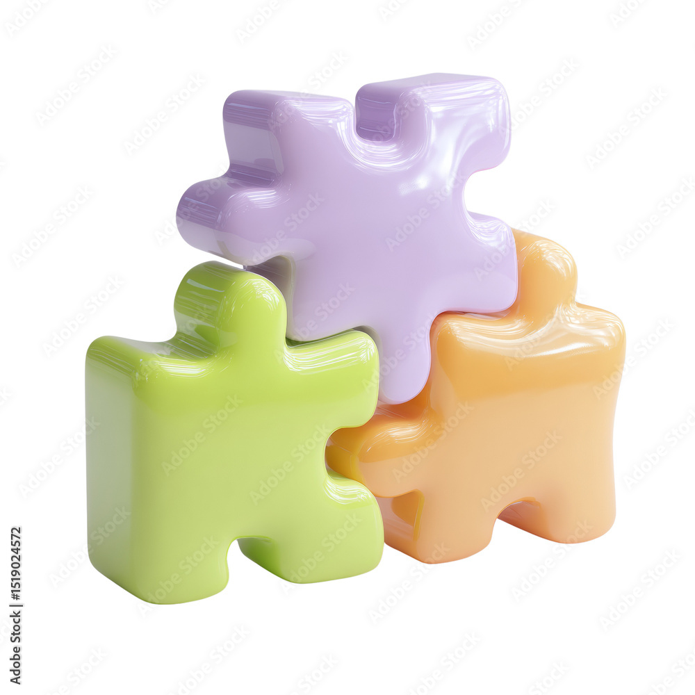 Poster interlocking puzzle pieces stacked together, forming a colorful assembly